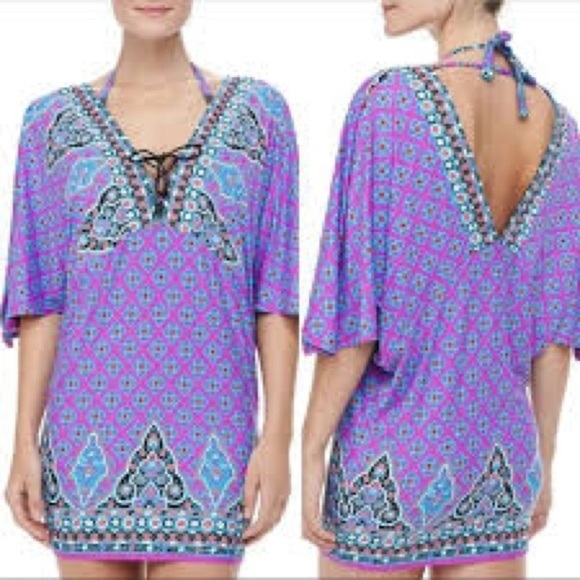 Nanette Lepore Swim CoverUp Moroccan Medallion Size Large Cold Shoulder V-neck - Picture 1 of 9
